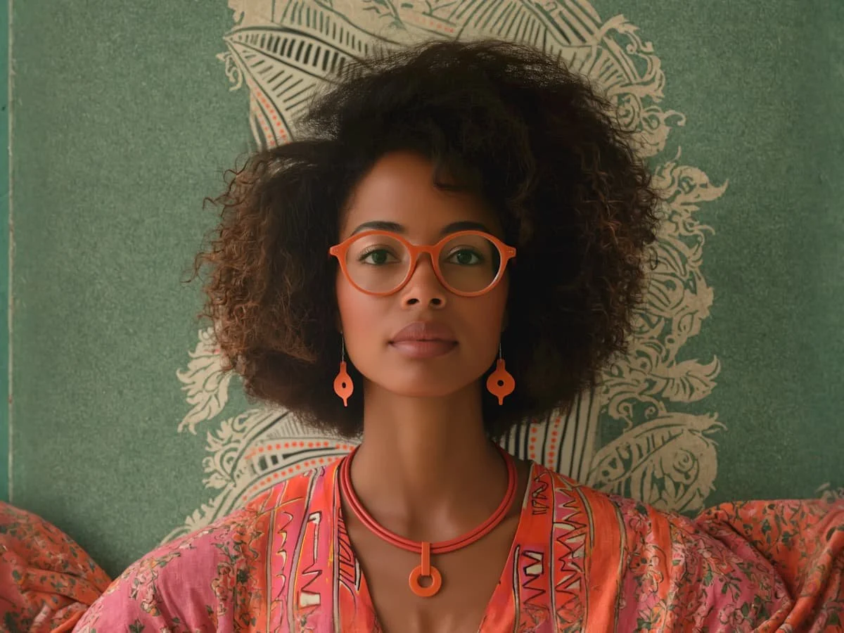 A woman with dark curly hair wearing orange glasses, matching geometric earrings, and an orange necklace against a green patterned background.