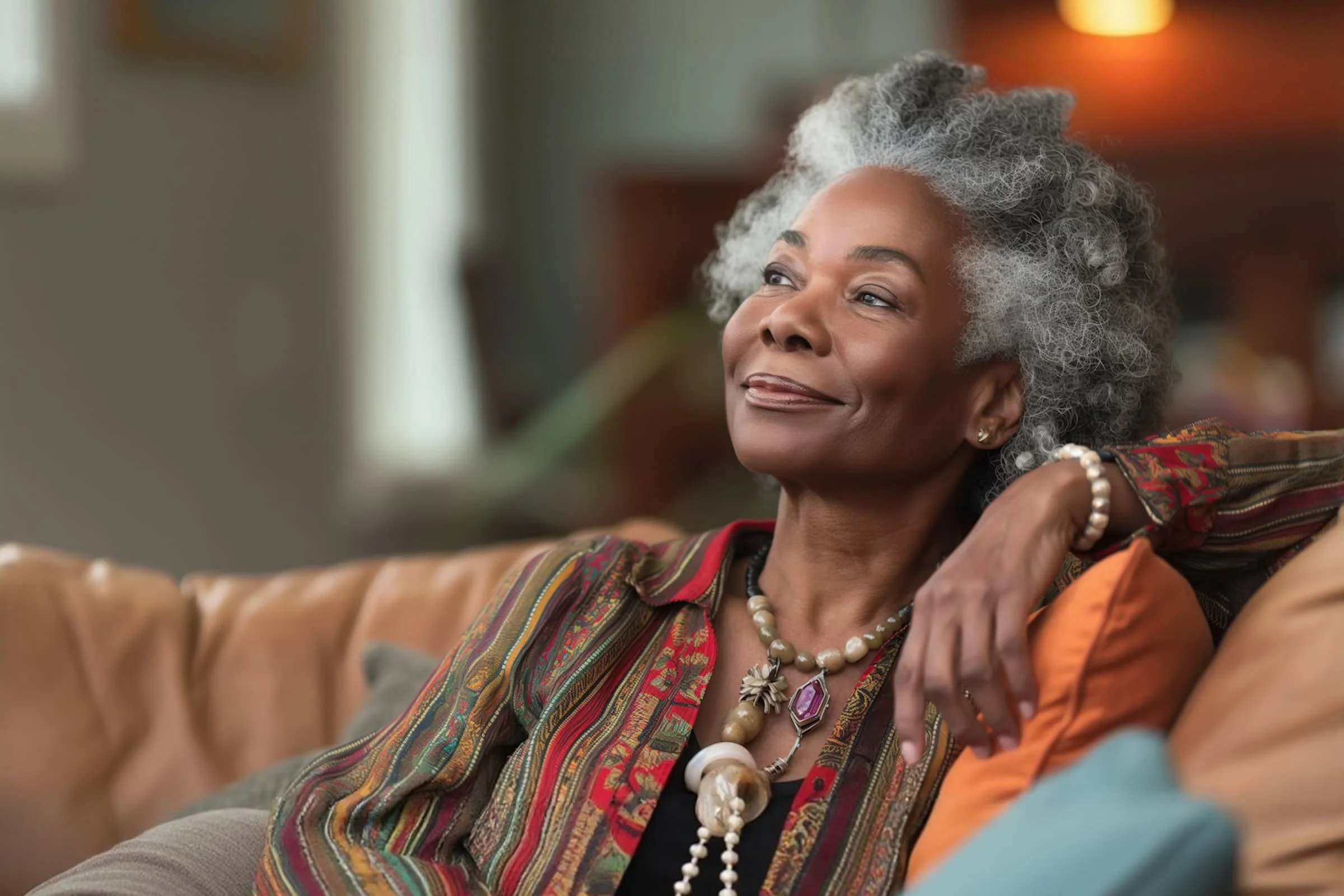 An older woman with gray hair and a colorful patterned shirt sits on a couch, smiling thoughtfully. She wears statement jewelry and rests her arm on an orange pillow, with a warmly lit room in the background.