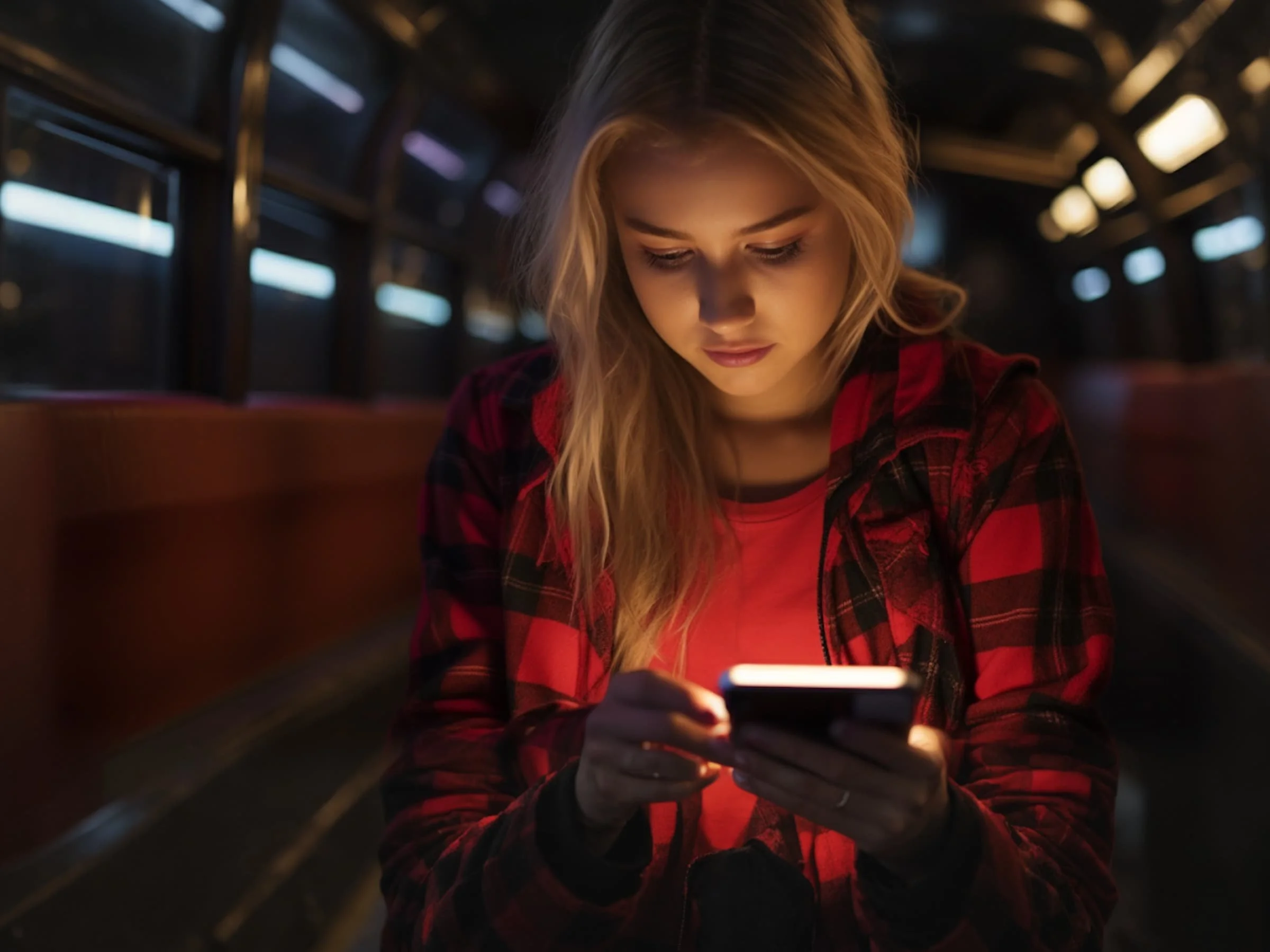 A young woman in a red plaid shirt looks down at her glowing smartphone while sitting in a dimly lit train car.