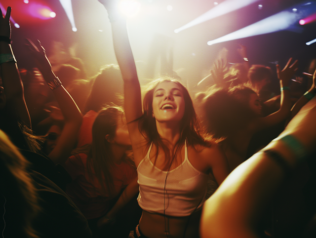 Woman dancing with eyes closed in a crowded concert under bright lights, expressing a sense of release and freedom in healing from emotional flashbacks.