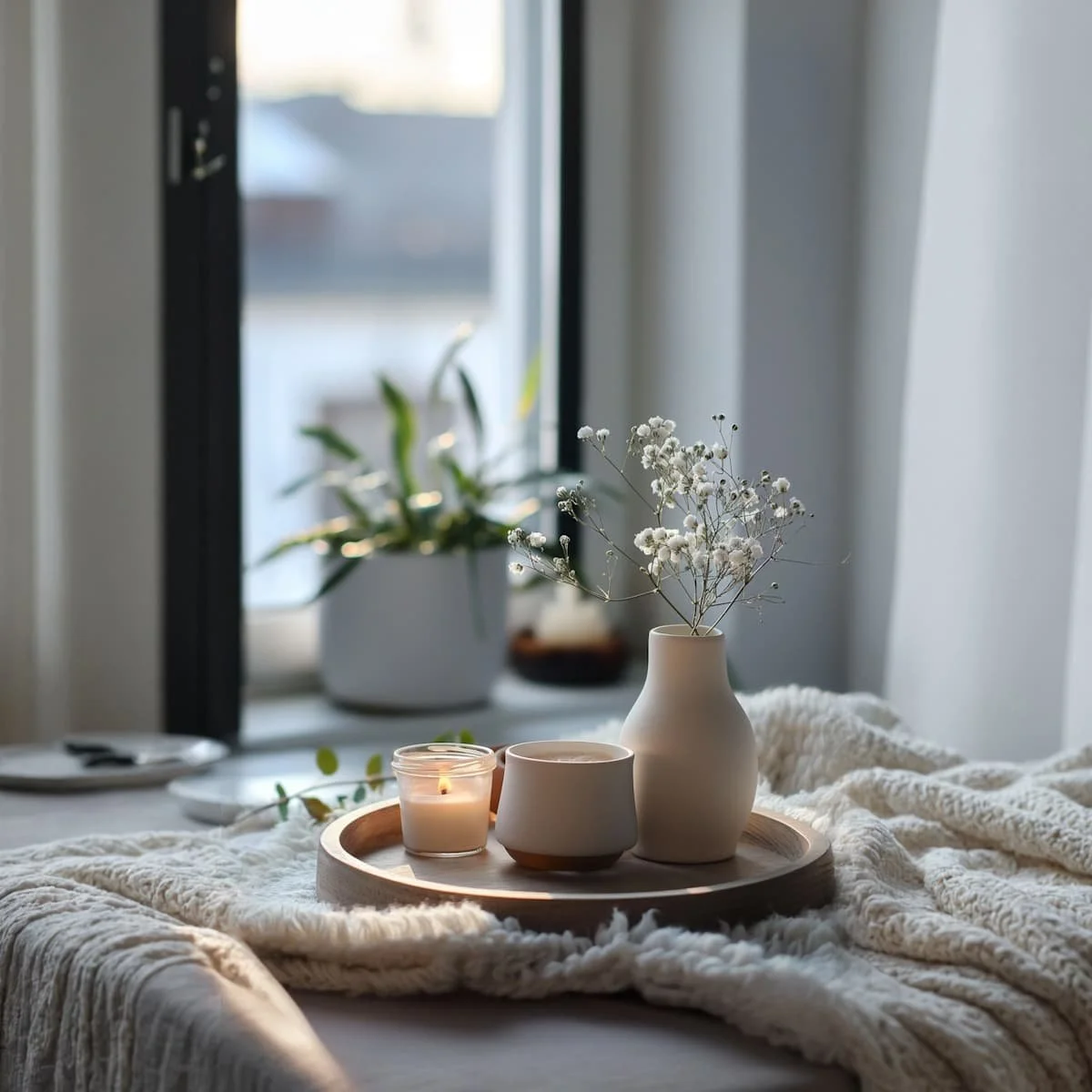 A round wooden tray on a textured blanket holds a small vase with baby’s breath, a lit candle in a glass, and a second candle in a ceramic jar, with a potted plant on a windowsill in the background.