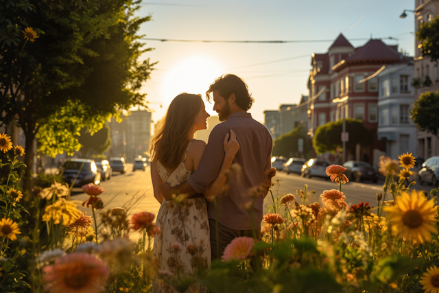A couple embraces in a field of flowers on a city street at sunset, with warm sunlight illuminating them and historic buildings in the background, capturing a moment of connection reminiscent of the harmony found through IFS therapy.