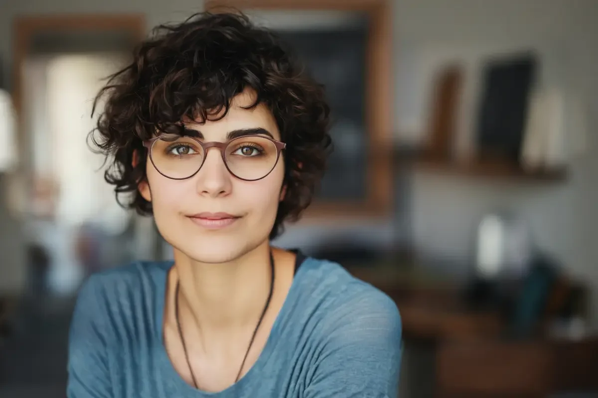 A person with short, curly dark hair and round glasses, wearing a blue shirt, looks calmly at the camera. The background is softly blurred, suggesting an indoor setting.