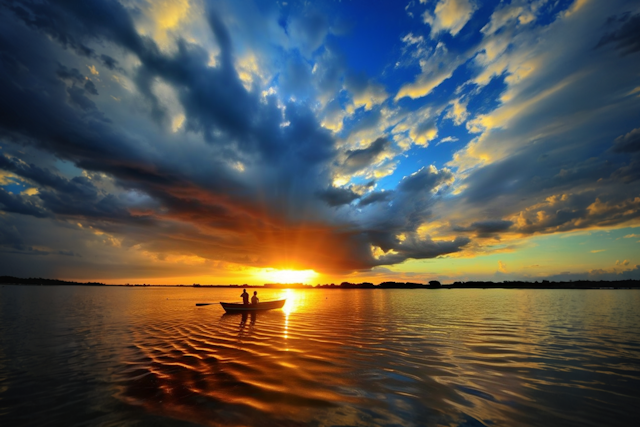 A small boat with two people floats on a calm lake at sunset, mirroring the harmony found in Internal Family Systems. Dramatic clouds and golden sunlight reflect on the water, while vibrant blues, oranges, and yellows paint the sky.