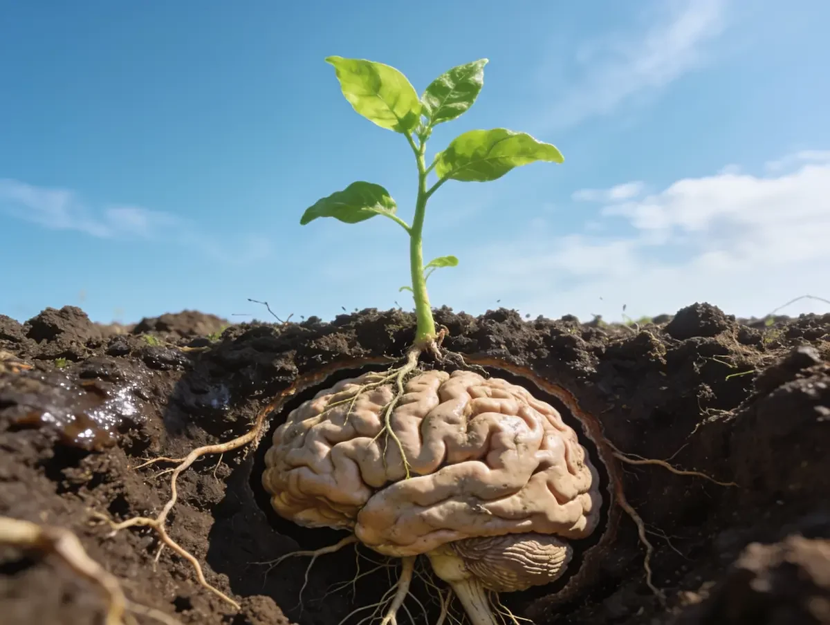 A small green plant sprouting from a human brain half-buried in soil, with roots extending into the earth and a blue sky in the background.