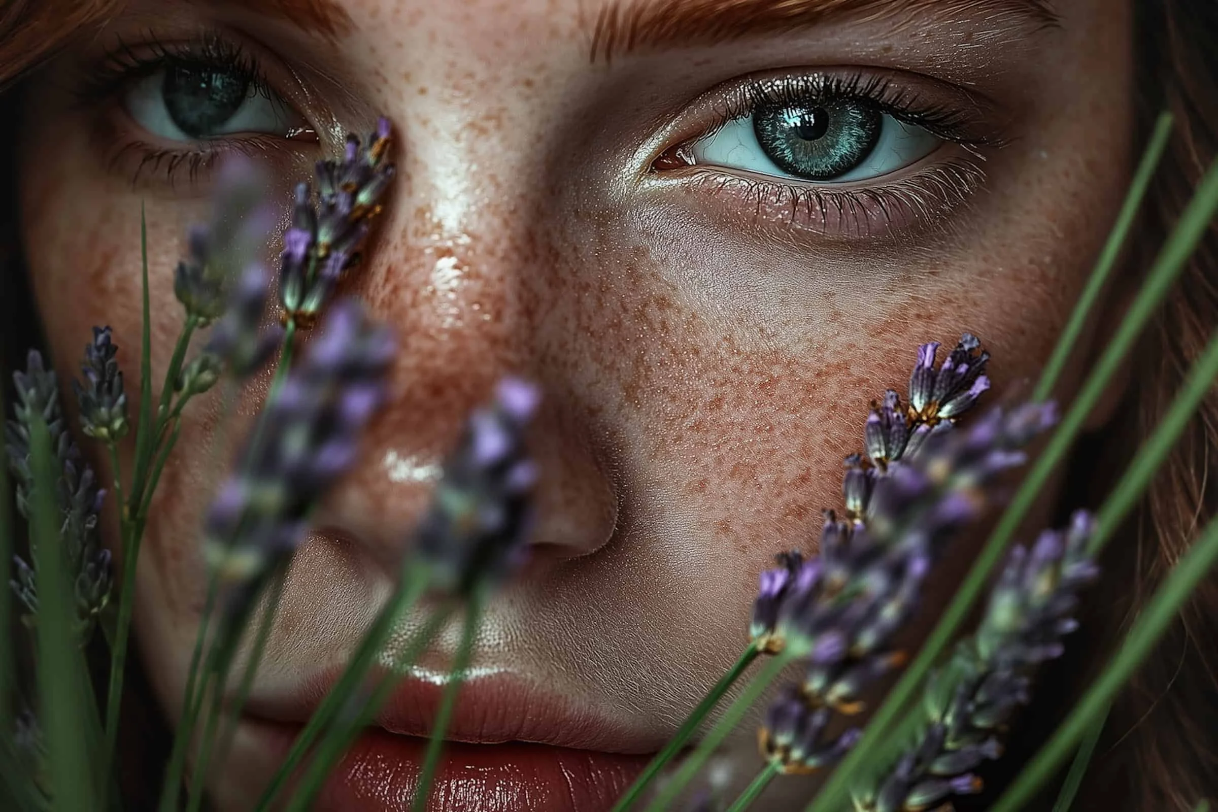 Close-up of a woman's freckled face with striking blue eyes, partially obscured by sprigs of purple lavender flowers in the foreground. The lighting highlights the texture of the skin and the vivid eye color.