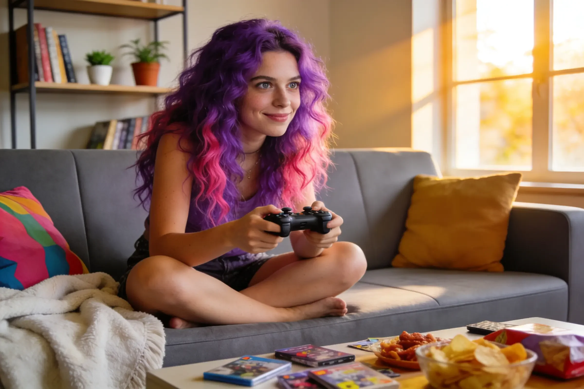A person with long, wavy purple and pink hair sits cross-legged on a gray sofa, smiling while playing a video game. There are snacks and game cases on the table, and sunlight streams through the window.