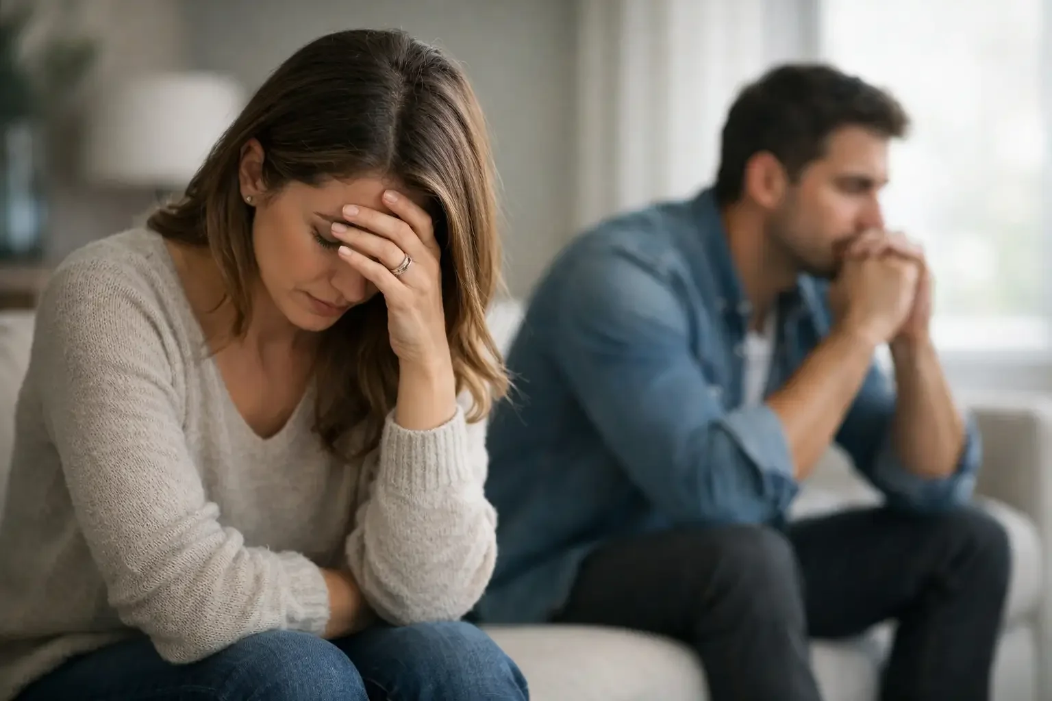 A woman sits on a couch with her head in her hand, looking upset. A man sits behind her, also appearing distressed. Both look away from each other, suggesting tension or conflict.
