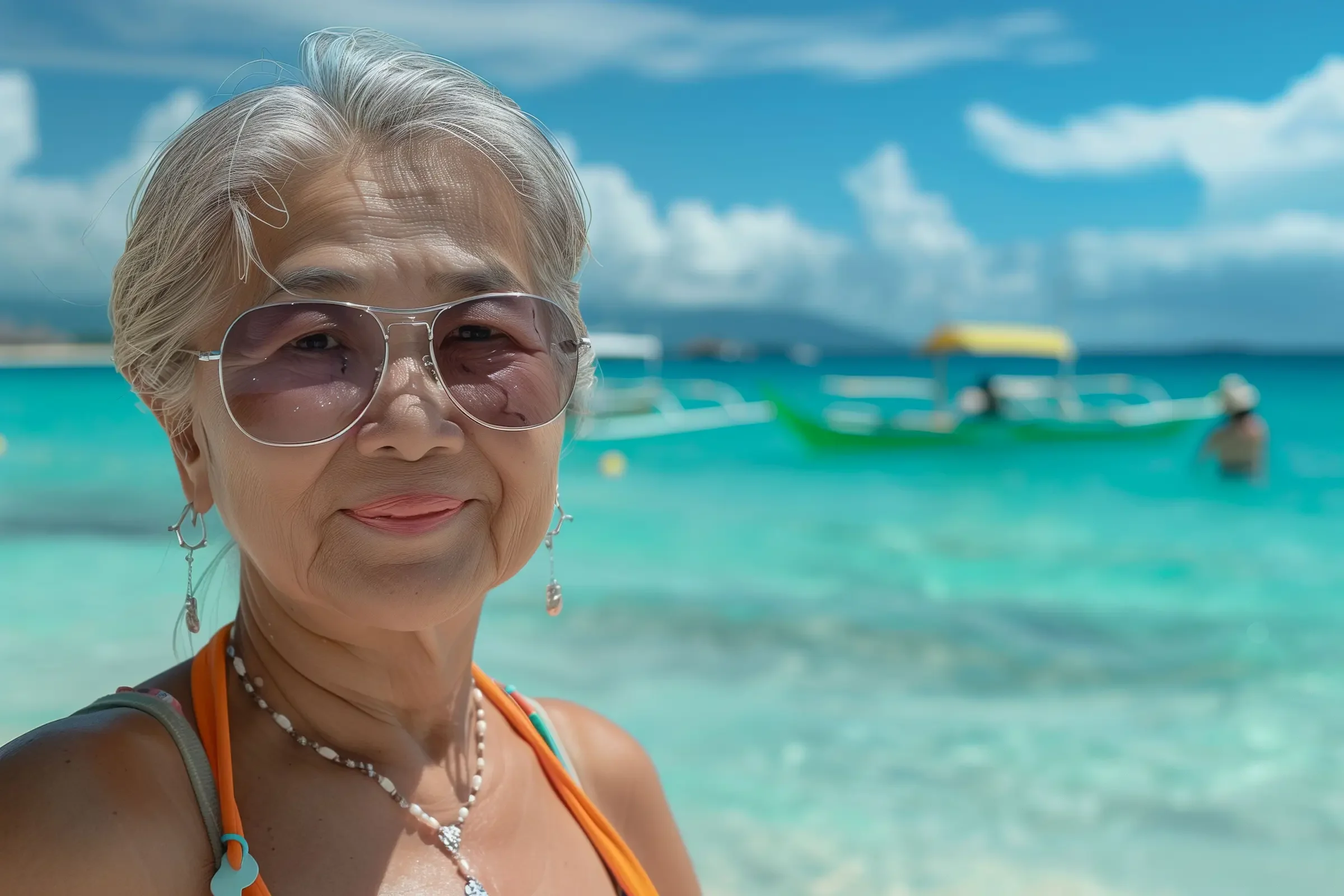 Elderly woman in sunglasses enjoying a sunny day at the beach with turquoise waters and a boat in the background.