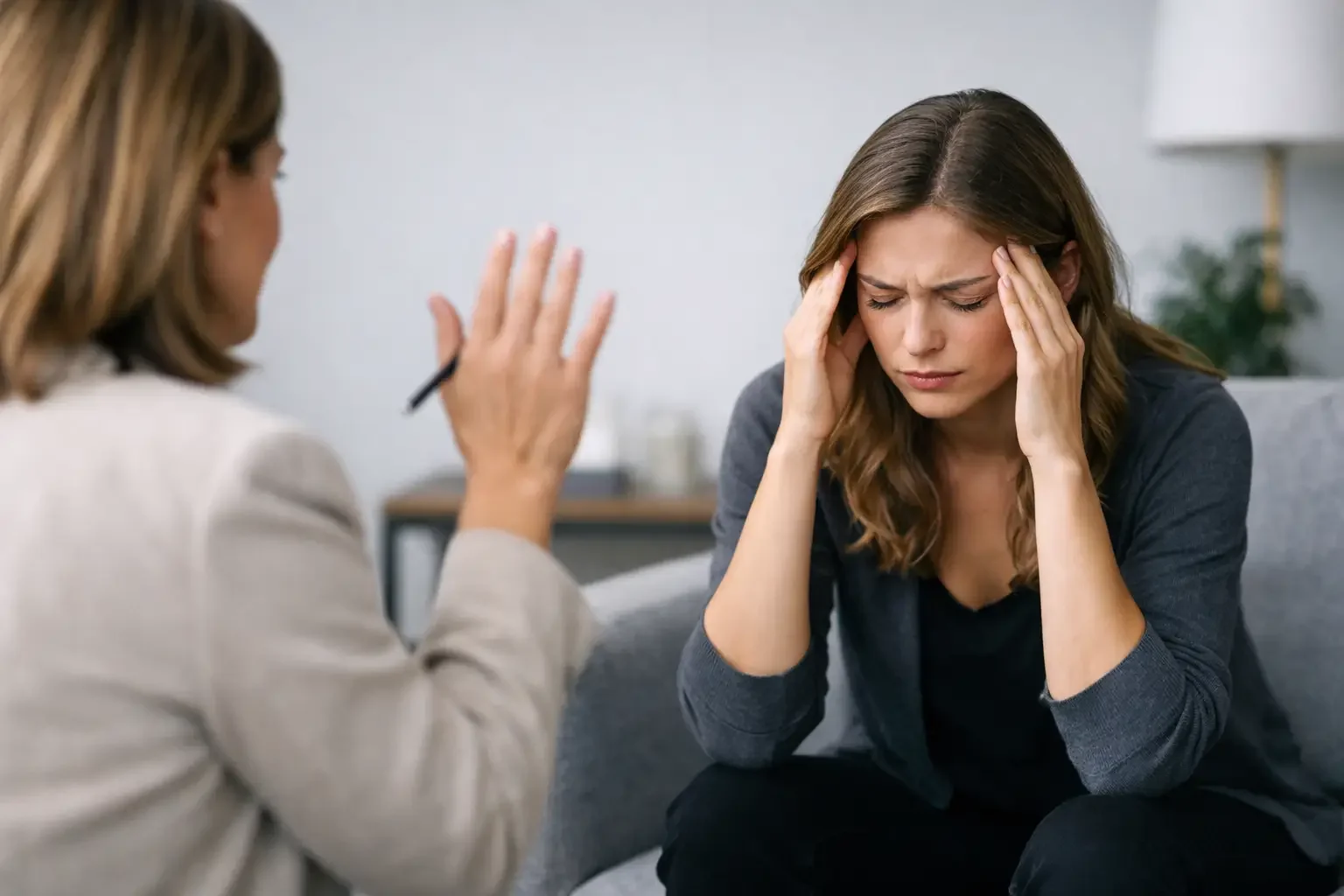 A woman sits on a couch, holding her head with both hands and looking stressed, while another woman, possibly a therapist, speaks to her and gestures with a pen during a counseling session.
