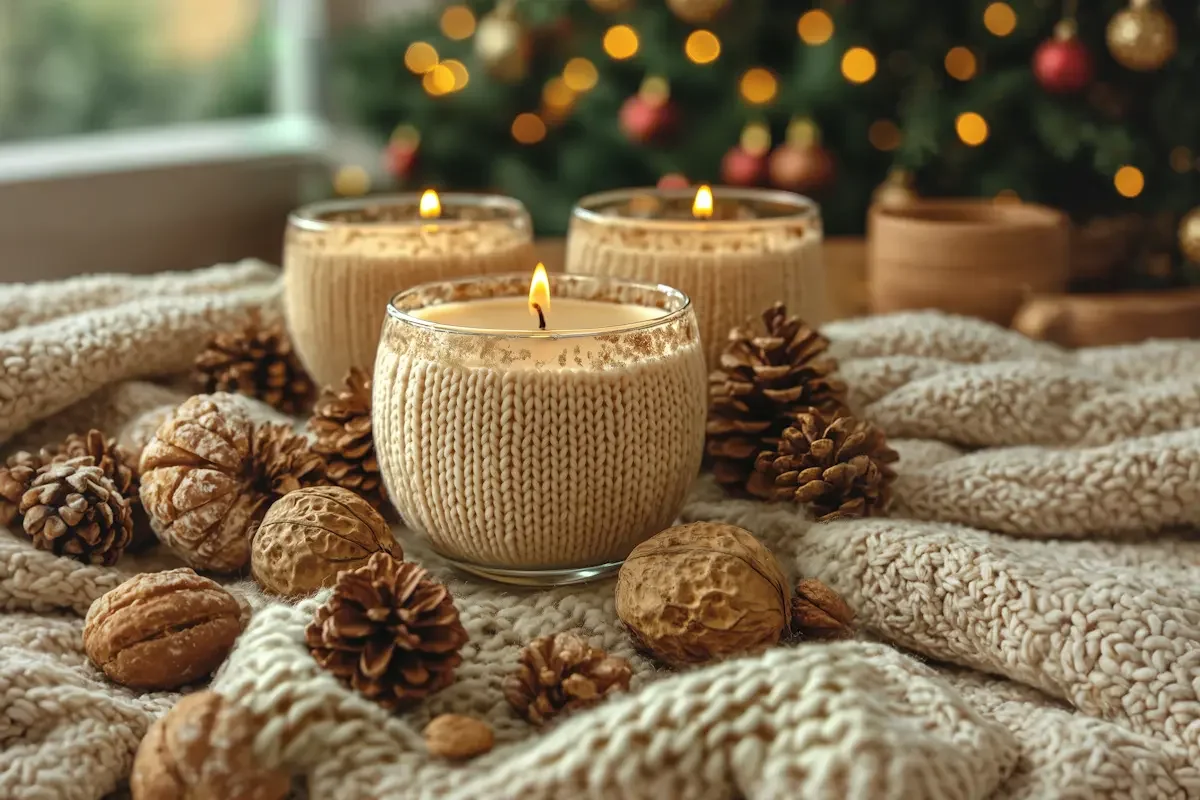 Three lit candles in glass holders with knitted covers sit on a cozy beige blanket, surrounded by pinecones and walnuts. A decorated Christmas tree with warm lights is blurred in the background.