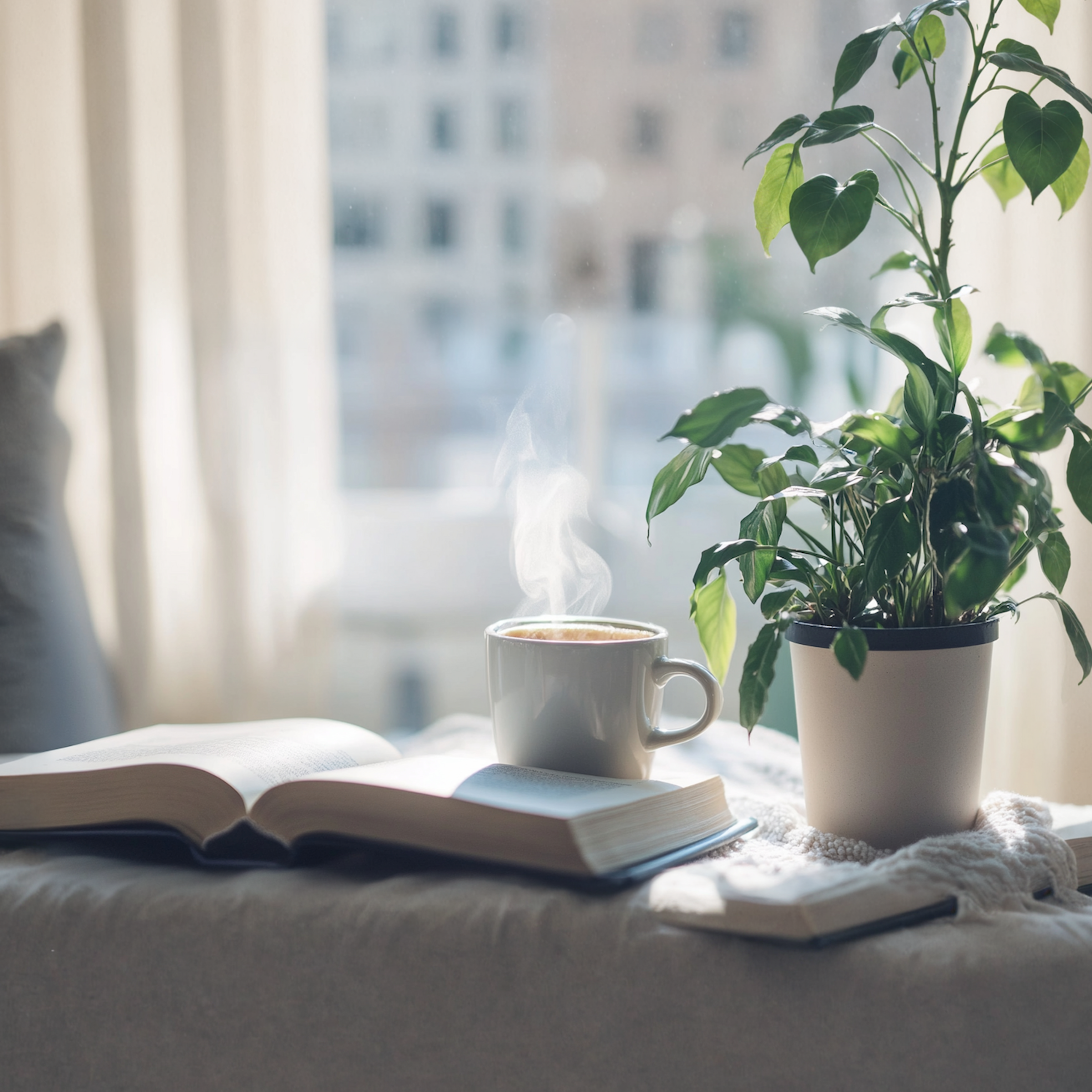 An open book, a steaming mug of coffee, and a potted plant sit on a surface in front of a bright window.