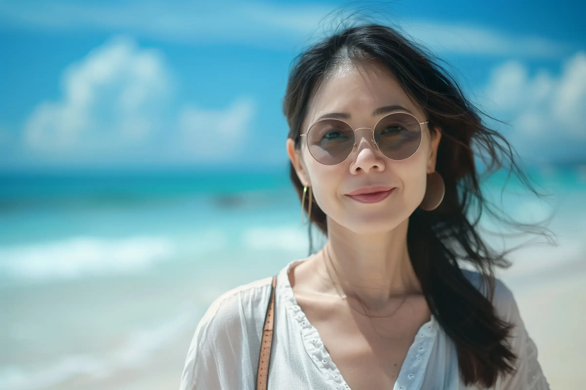 A woman wearing sunglasses and a white blouse smiles while standing on a sunny beach, with blue skies, white clouds, and turquoise ocean waves in the background.