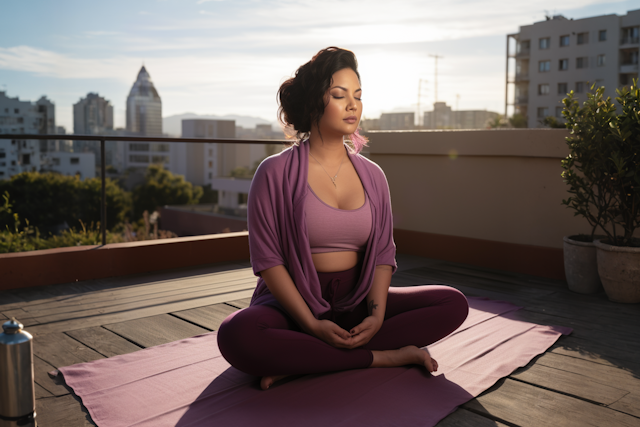 Woman sitting cross legged on a yoga mat on a rooftop at sunrise with eyes closed in meditation, representing a calm practice for healing from emotional flashbacks.