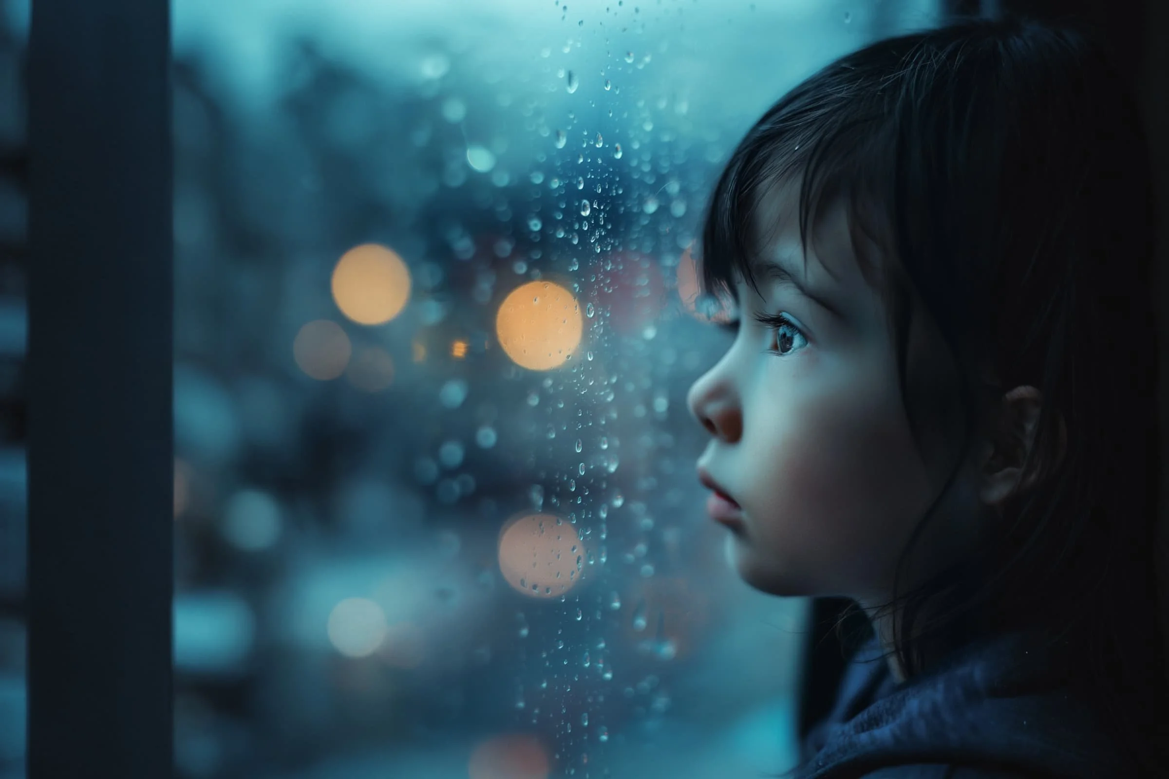 A young child with dark hair gazes out a rain-speckled window at dusk, soft city lights glowing in the blurred background, creating a moody and contemplative atmosphere.