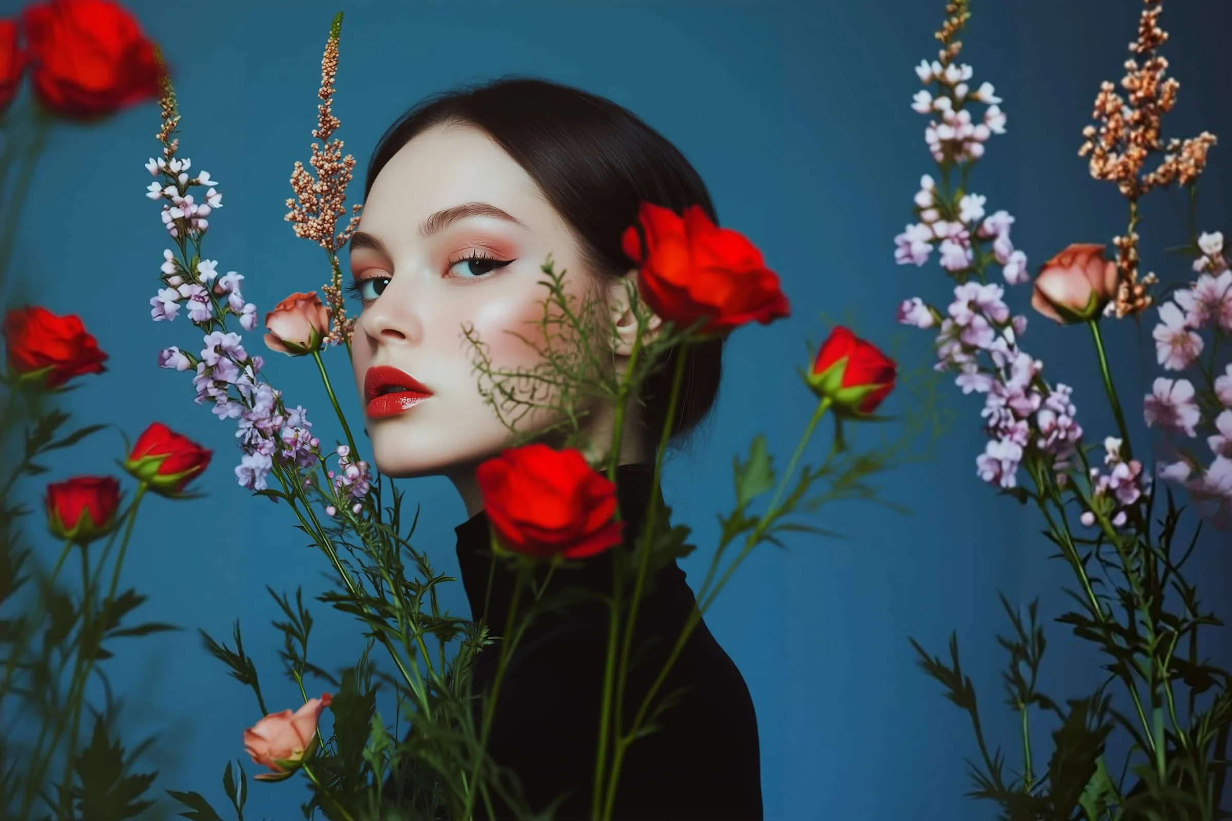 A striking portrait of a woman with bold makeup surrounded by vibrant red roses and pink blossoms against a deep blue background.