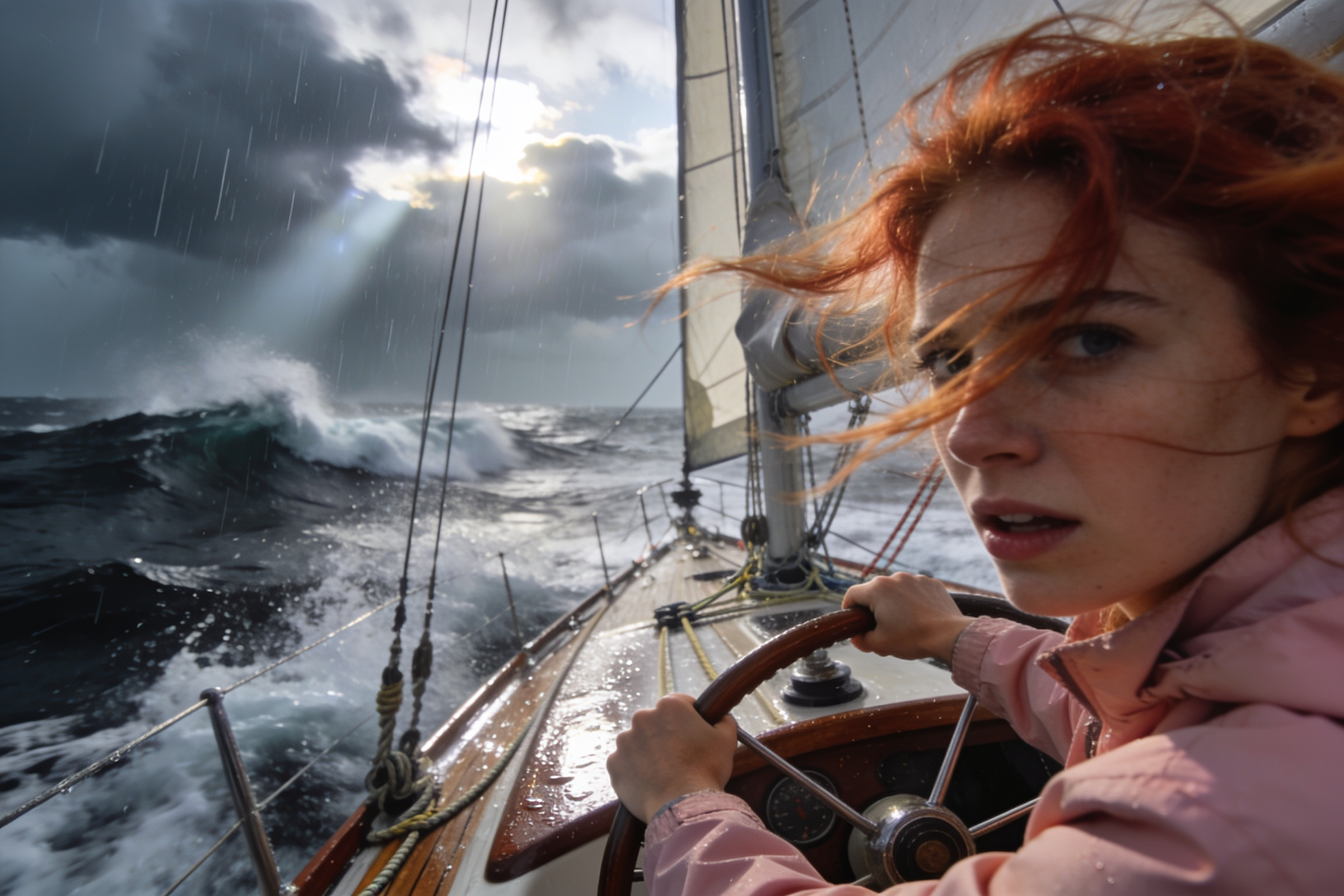 A woman with red hair, wearing a pink jacket, steers a sailboat through rough seas under stormy skies, with dramatic waves and sunlight breaking through dark clouds.