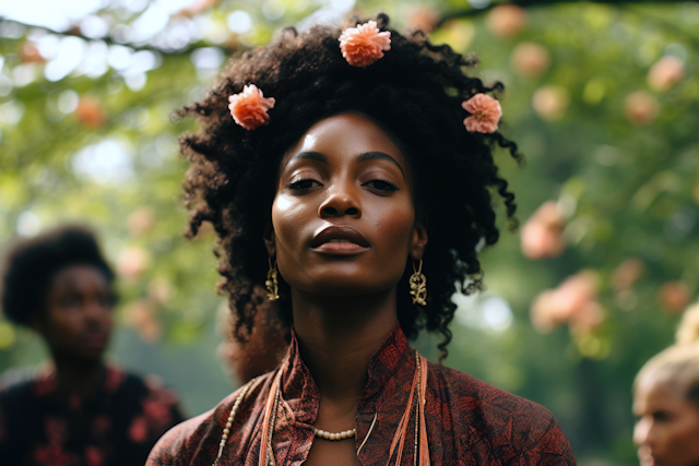 A woman with curly hair adorned with pink flowers stands outdoors, embodying the harmony of IFS therapy, wearing ornate earrings and a patterned outfit, with blooming trees and soft sunlight in the background.