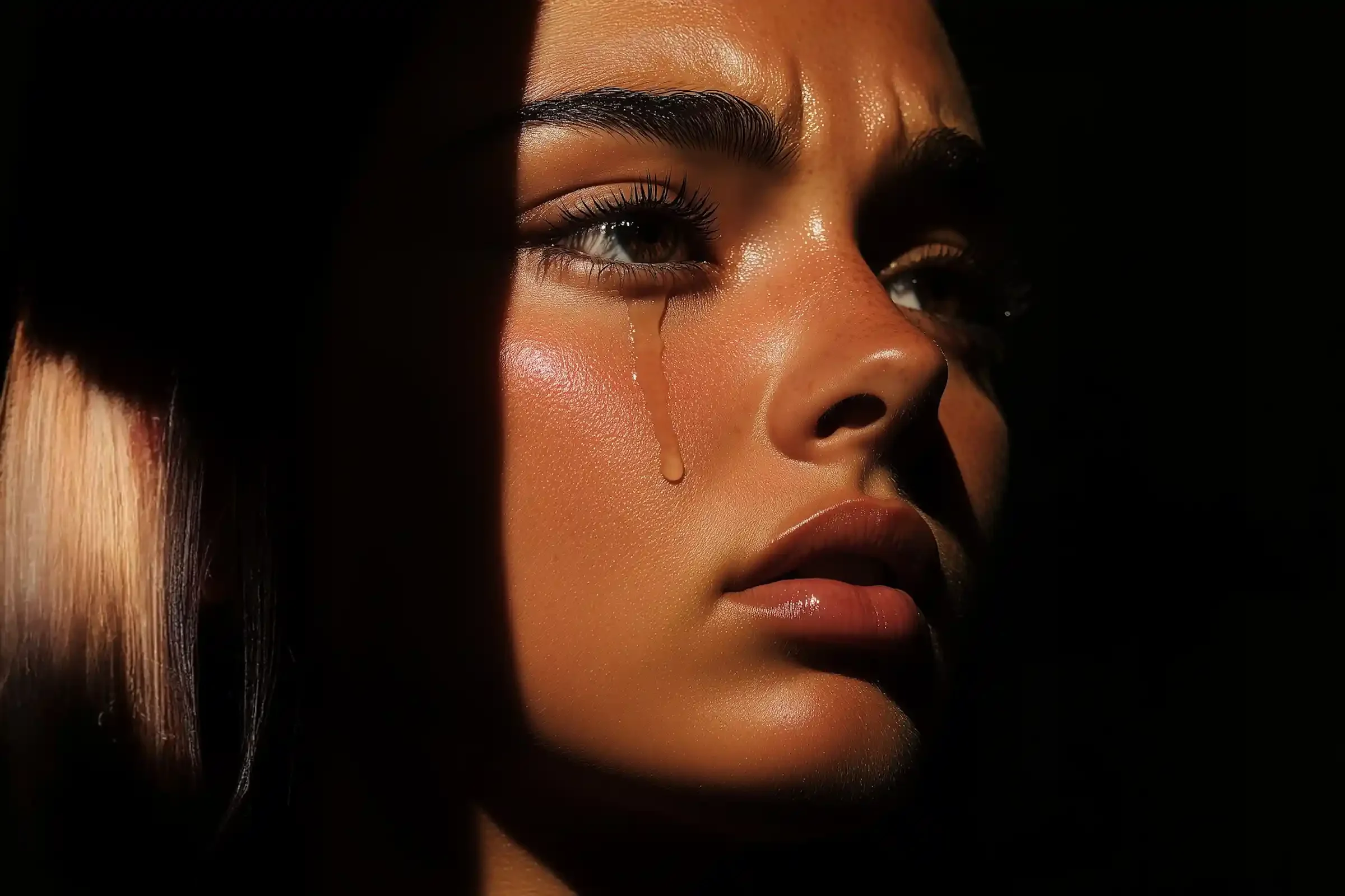 A close-up of a young womans face in dramatic lighting, focused on her teary eye and furrowed brow as a single tear rolls down her cheek, conveying a sense of sadness or deep emotion.