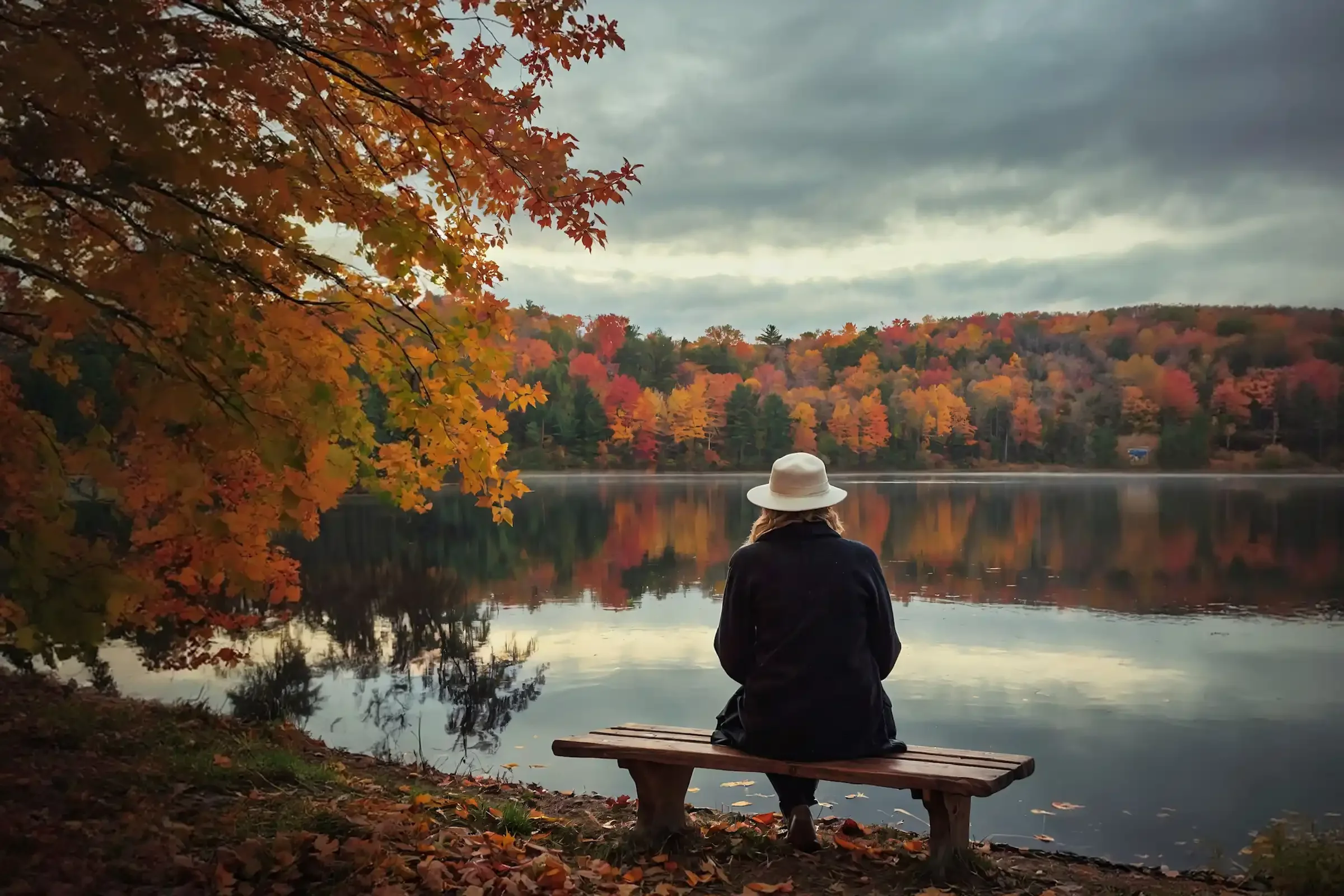 A person in a white hat sits on a bench by a calm lake, surrounded by colorful autumn trees under a cloudy sky, with reflections on the water.