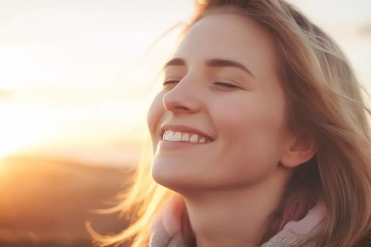 A young woman with light brown hair smiles peacefully with closed eyes, enjoying the warm sunlight outdoors. The soft, golden light highlights her face and creates a serene, joyful atmosphere.