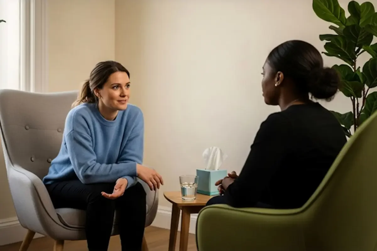 Two women sit facing each other in comfortable chairs, having a conversation. A small table with a glass of water, a box of tissues, and a plant is between them in a warmly lit room.