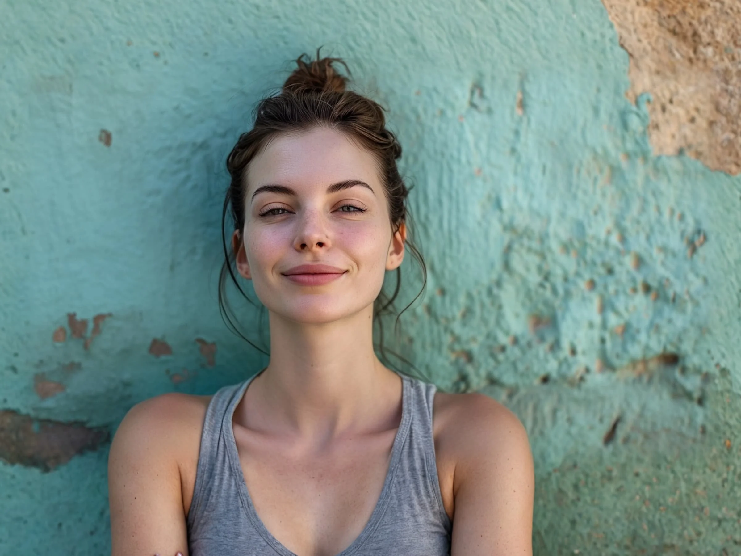 A smiling woman with her hair in a bun stands in front of a teal wall.