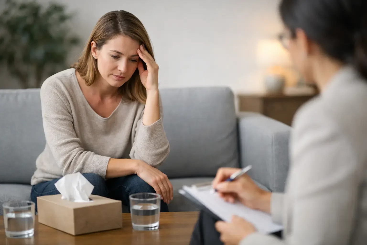 A woman sits on a couch looking concerned, resting her head on her hand, while another person with a notebook sits across from her, suggesting a therapy or counseling session. A tissue box and glasses of water are on the table.