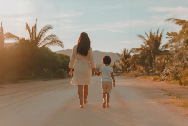 A woman and a young child, both barefoot, walk hand in hand down a sandy road lined with palm trees at sunset—an image evoking the gentle journey of IFS therapy toward healing, with mountains rising softly in the distance.