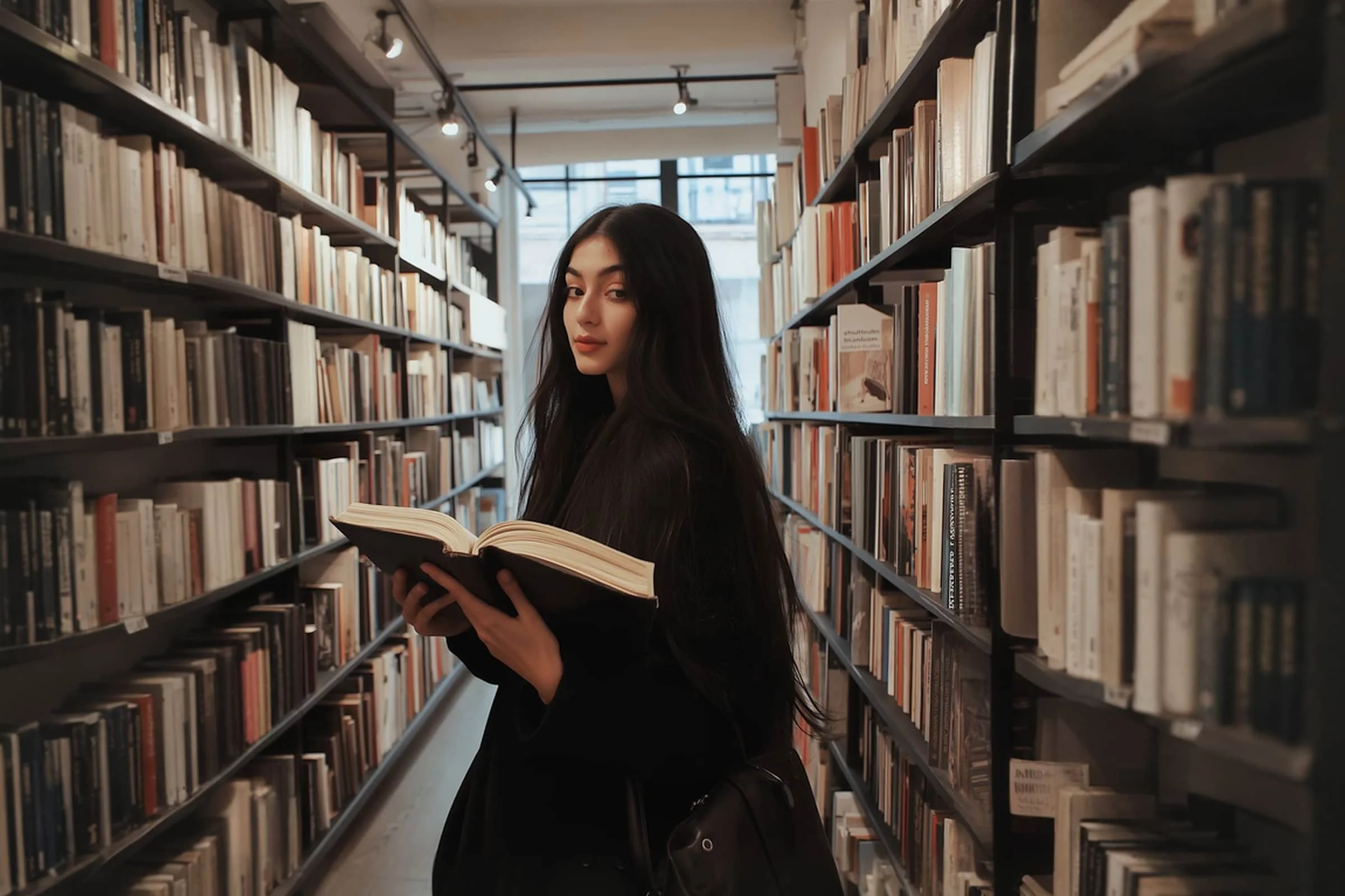 A young woman with long dark hair stands between bookshelves in a library, holding an open book and looking over her shoulder toward the camera.