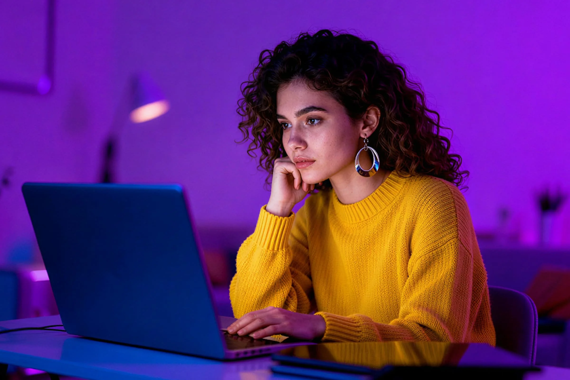 A young woman in a yellow sweater works on her laptop in a purple-lit room, creating a modern and focused atmosphere.