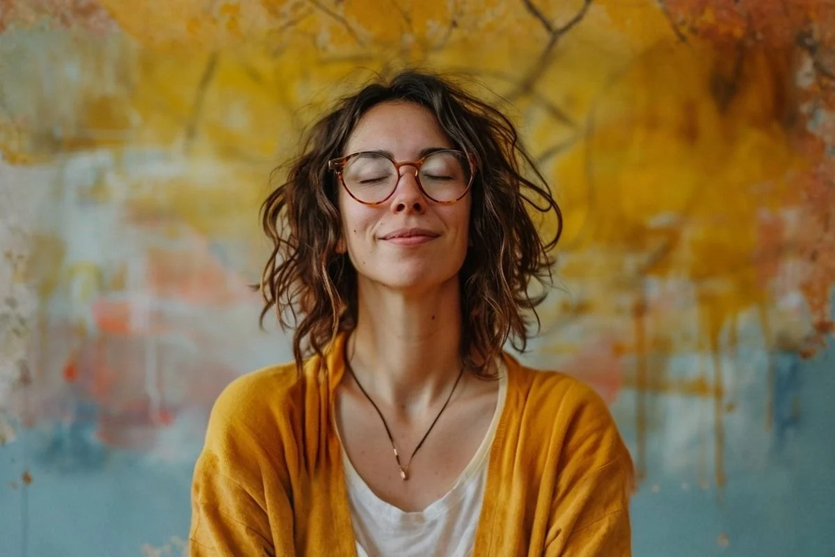 A young woman with wavy brown hair and glasses, wearing a yellow cardigan and necklace, stands smiling with her eyes closed in front of a colorful yellow and orange background, embodying the calm confidence fostered by therapy for women in Broomfield