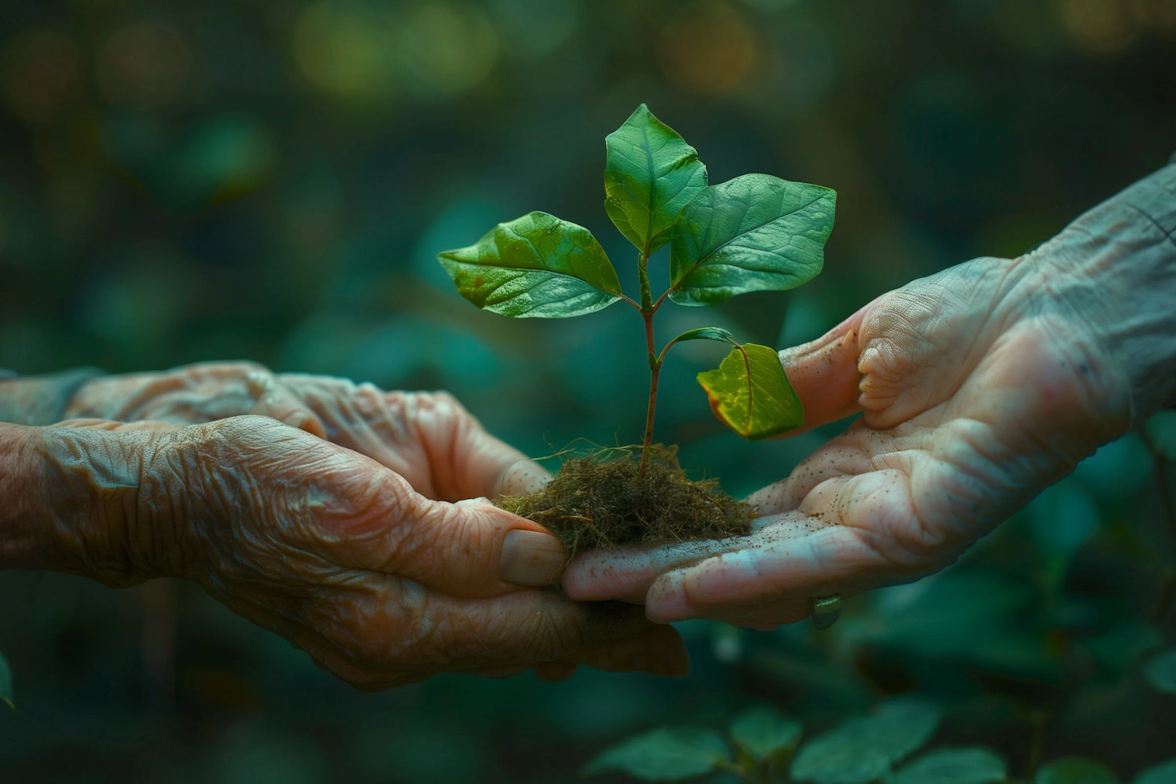 Two elderly hands gently hold soil and a small green seedling together, symbolizing nurturing, growth, and care for nature. The background is softly blurred with shades of green.