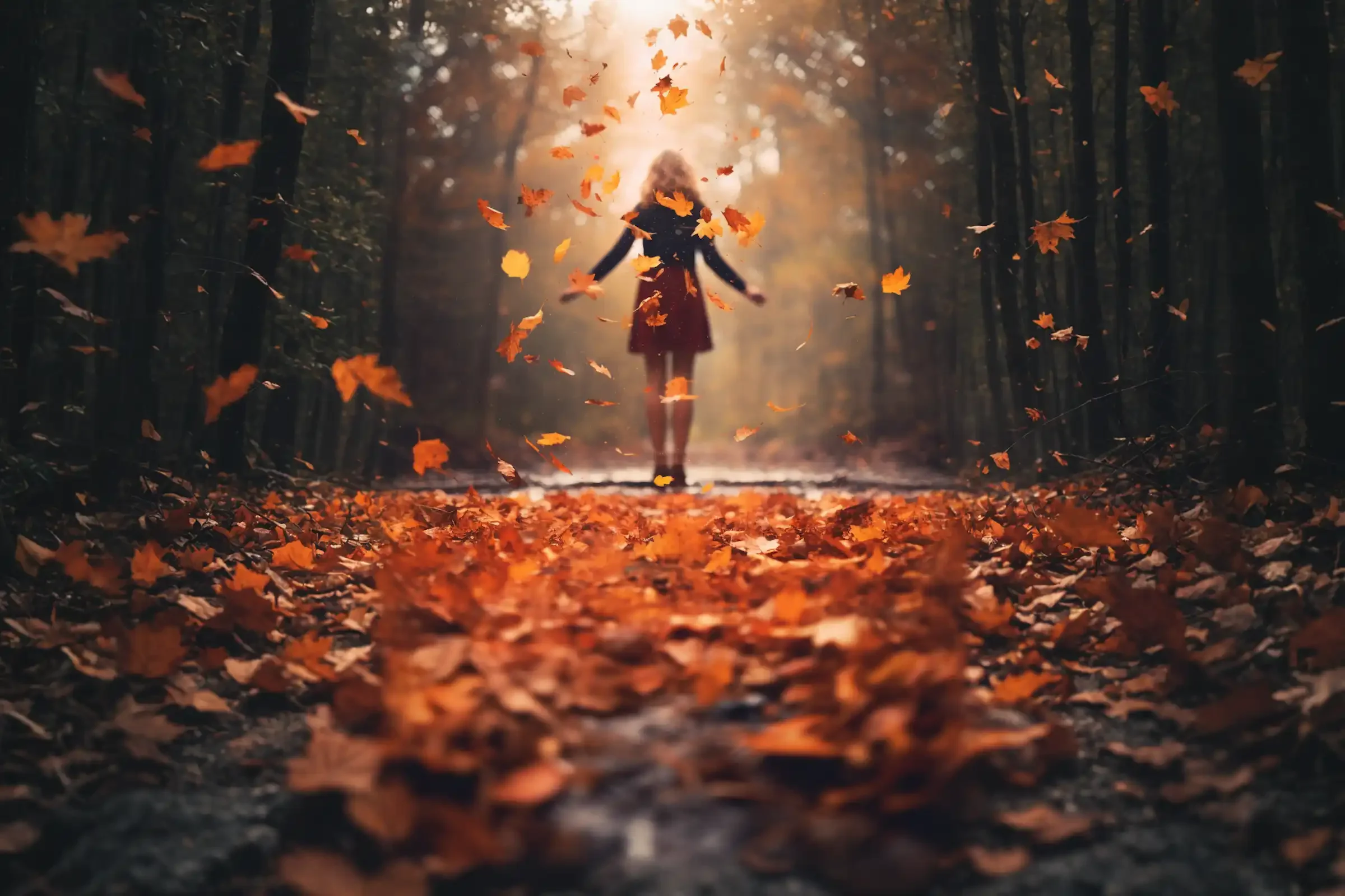 A child stands on a path covered with autumn leaves, arms outstretched, as orange leaves swirl through the air in a forest lit by soft sunlight.