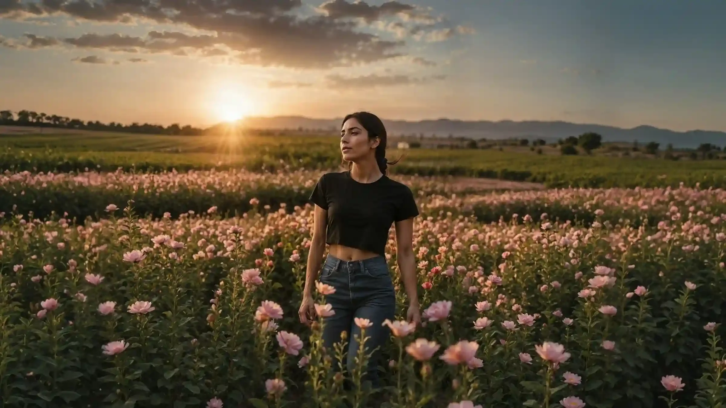 A woman in a black crop top and jeans stands in a field of pink flowers at sunset, with rolling hills and a dramatic sky in the background.