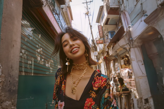 A woman with layered gold jewelry and a floral kimono smiles, embodying the inner harmony of IFS therapy, while standing in a narrow, sunlit street lined with old buildings, green and gray shutters, and hanging wires in the background.
