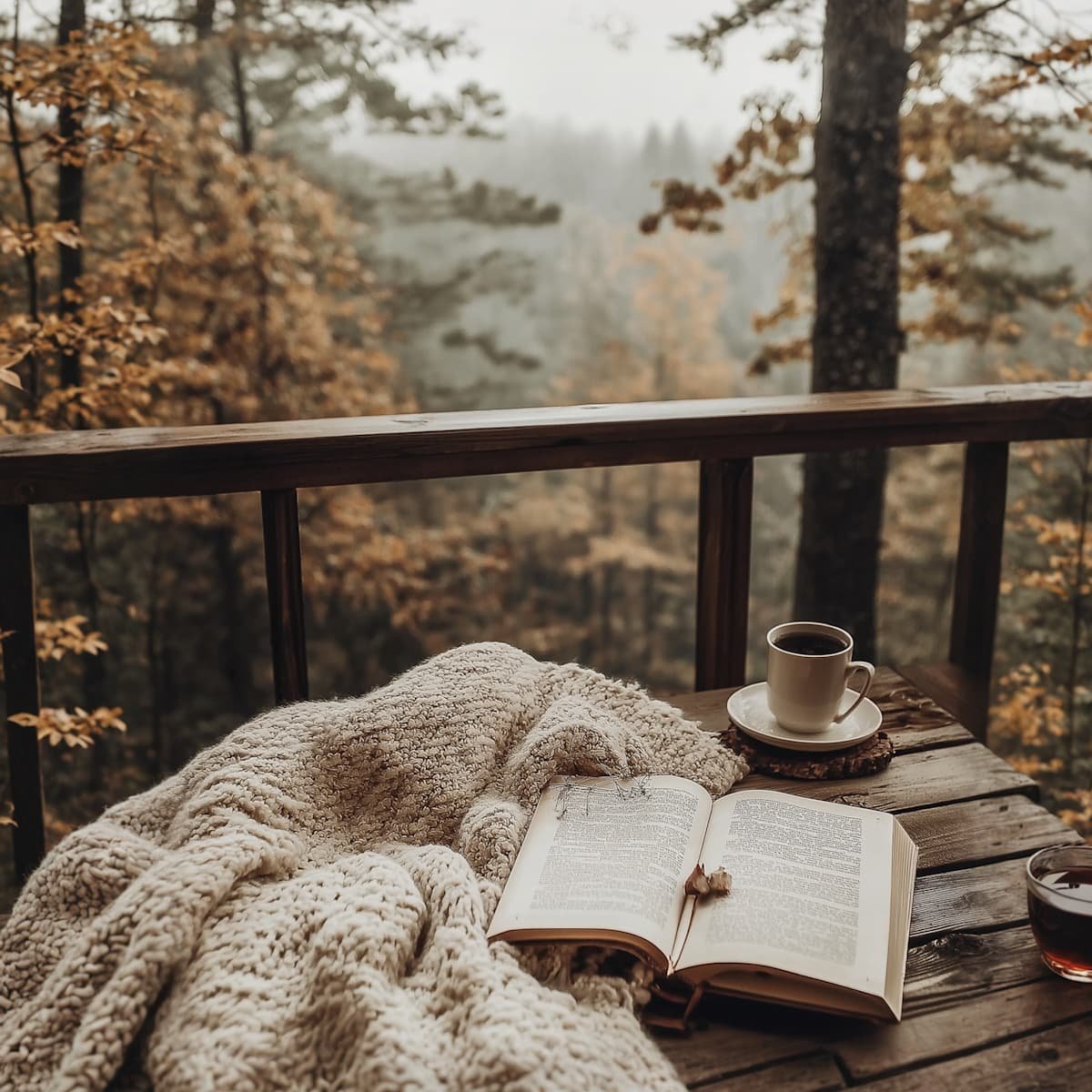An open book, a cup of coffee, and a knitted blanket on a wooden balcony overlooking an autumn forest.