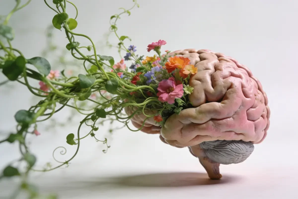 A realistic model of a human brain with colorful flowers and green vines growing out of one side, set against a plain, light background.