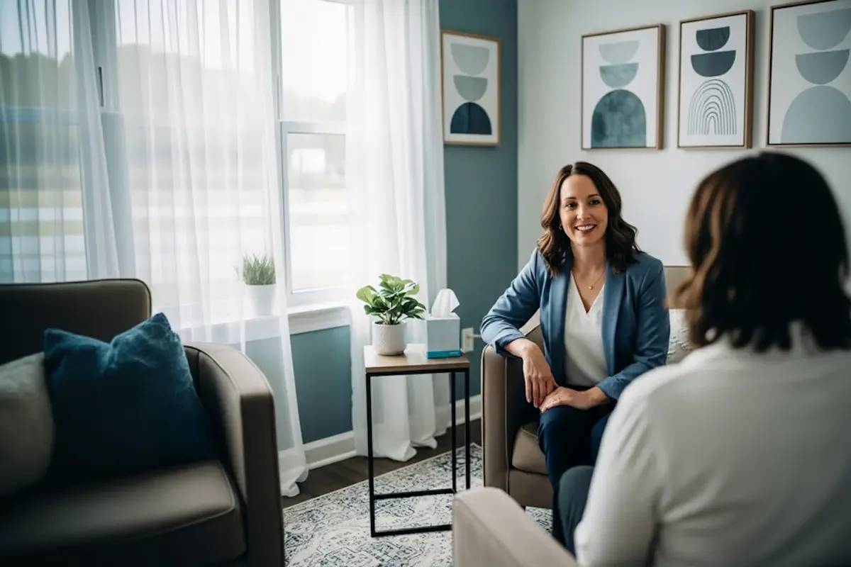 A woman in a blue blazer smiles while talking to another person in a cozy, modern office with soft lighting, abstract art on the wall, and a potted plant on a side table between two armchairs.