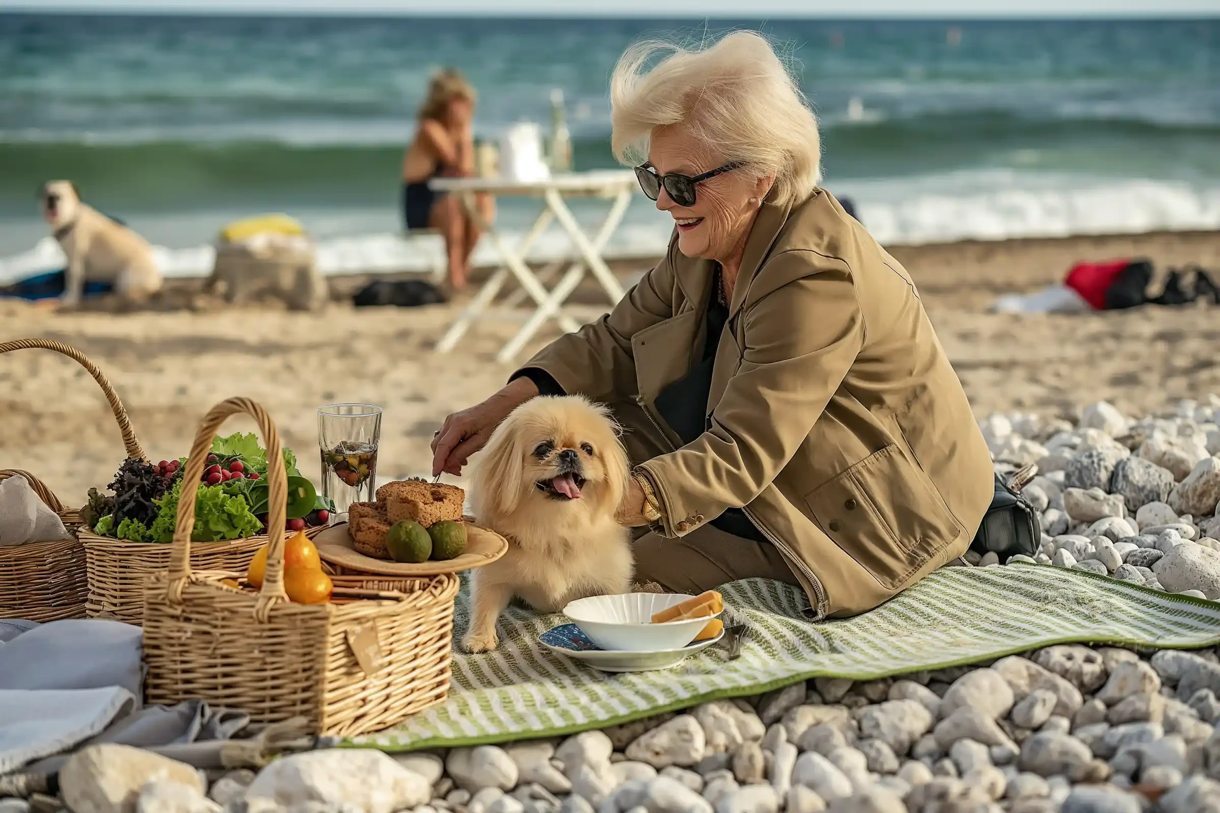 Elderly woman enjoying a beach picnic with her fluffy dog, surrounded by fresh fruits and a serene ocean view.
