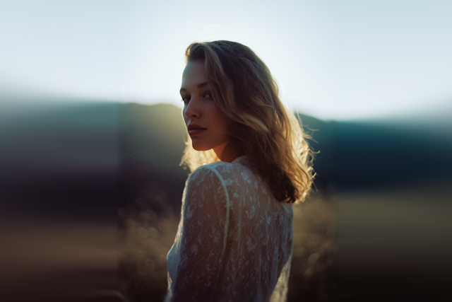A woman with wavy blonde hair in a lace top stands outdoors at sunset, looking over her shoulder as soft sunlight and a blurred natural background evoke the calm introspection found in IFS therapy.