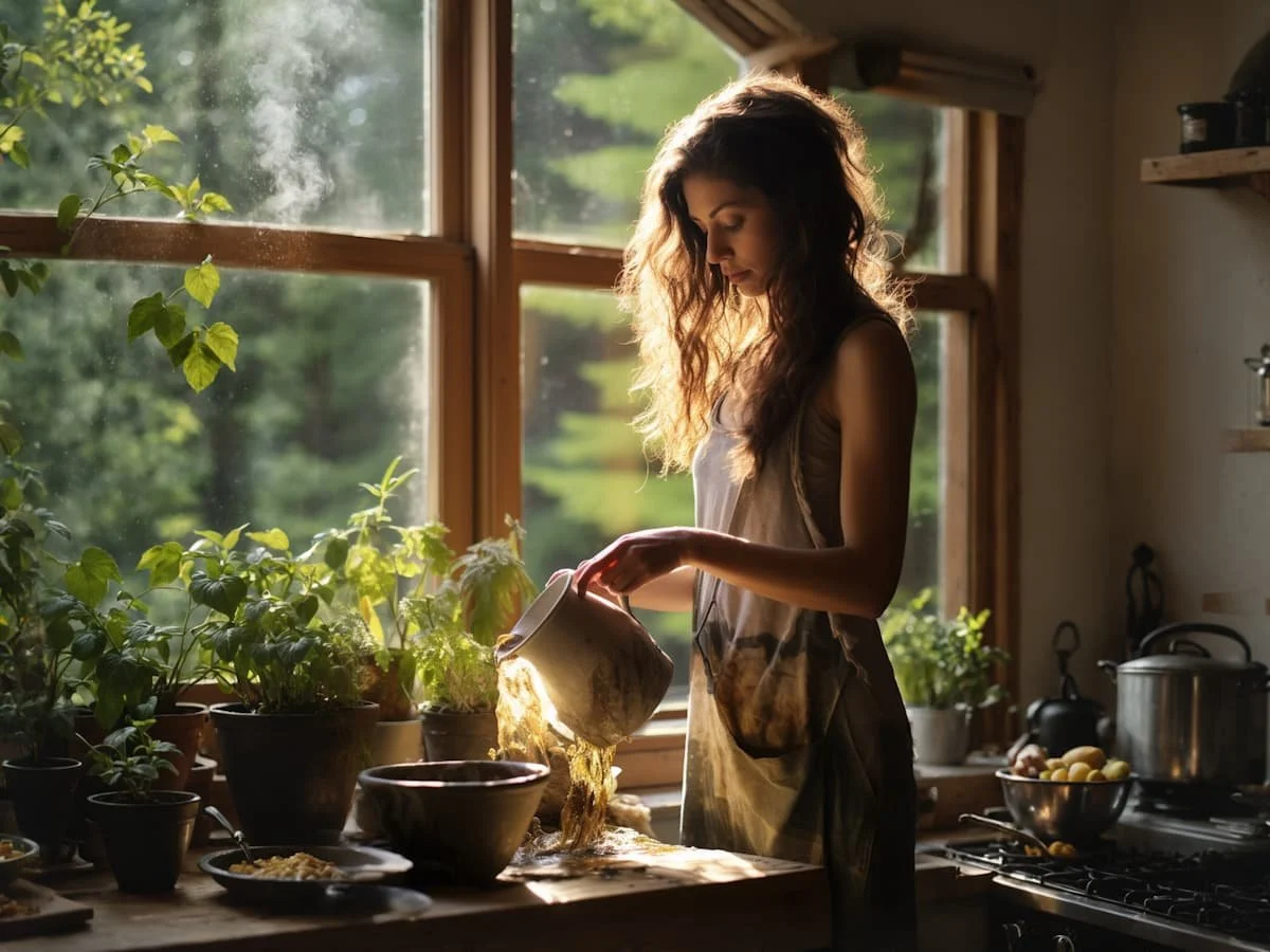 A woman in an apron pours liquid from a pitcher into a bowl on a kitchen counter filled with potted plants in front of a window.