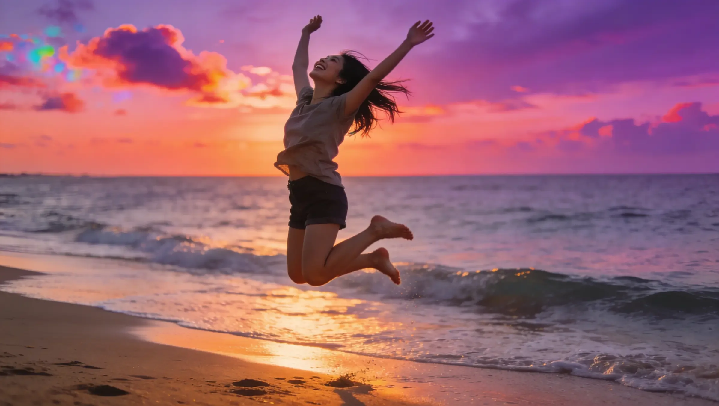 A person joyfully jumps on the beach at sunset, with vibrant orange, pink, and purple clouds in the sky and gentle waves in the background.