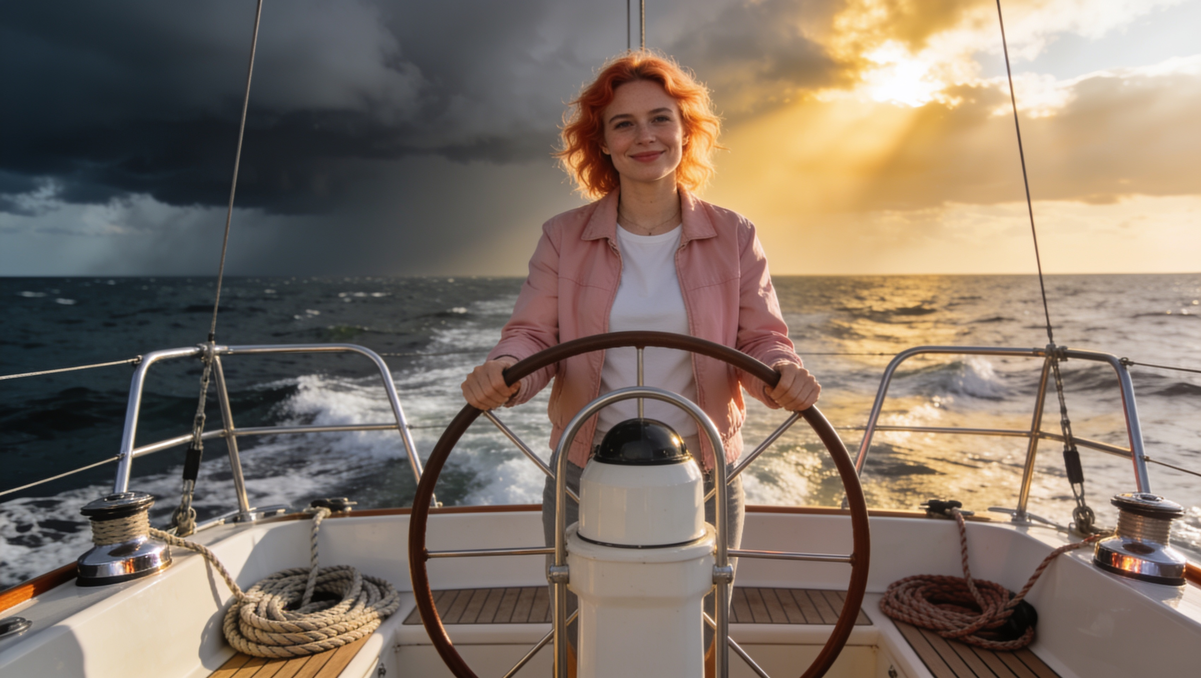 A smiling woman with red hair steers a sailboat at sea, holding the wheel. Stormy dark clouds are on one side, while bright sunlight breaks through on the other, creating a dramatic sky.