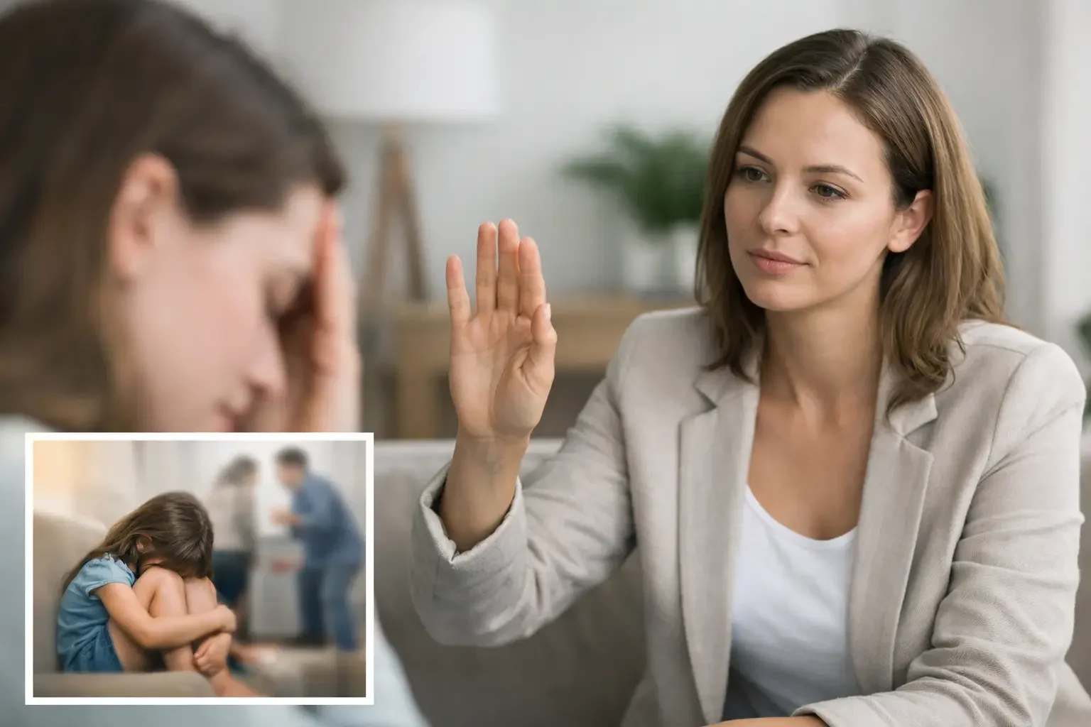 A therapist holds up her hand, speaking to a distressed woman with her head in her hand. An inset shows a sad girl sitting with knees to chest, with two adults arguing in the background.