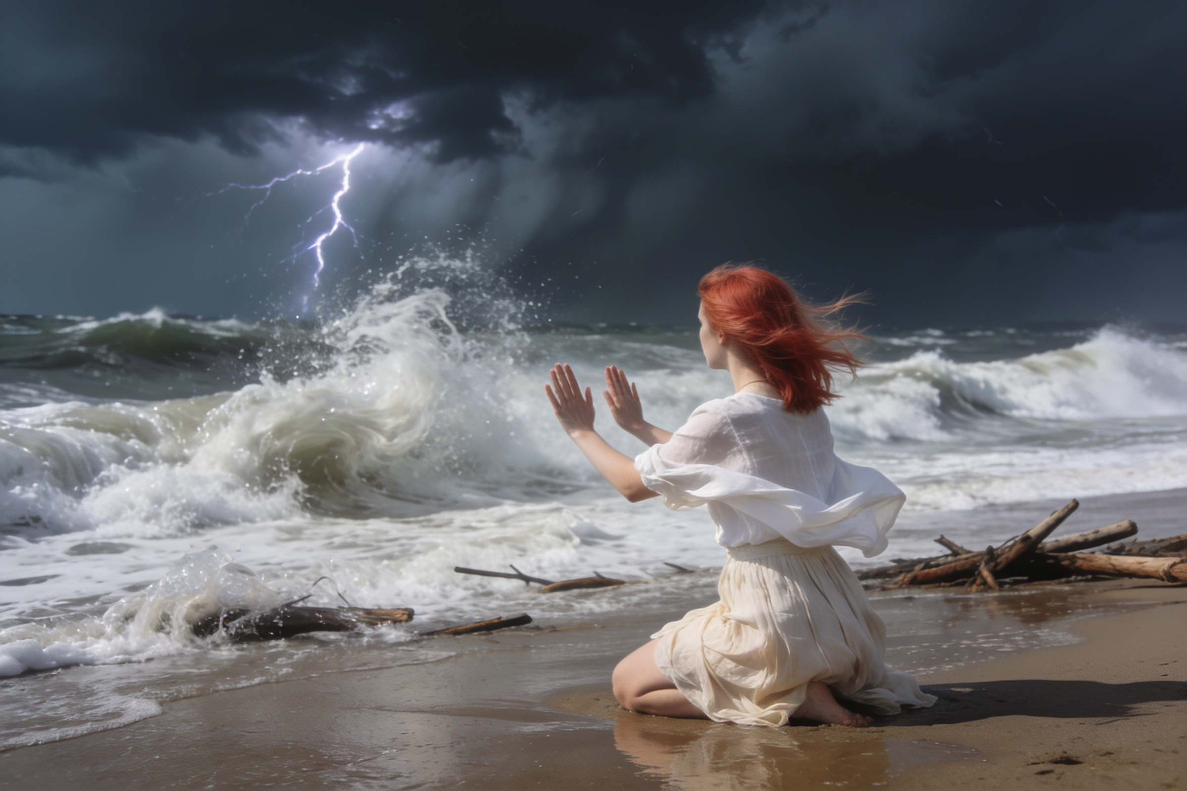 A woman with red hair kneels on a stormy beach, wearing a white dress, facing rough waves and reaching out with her hands as lightning flashes in the dark, cloudy sky.