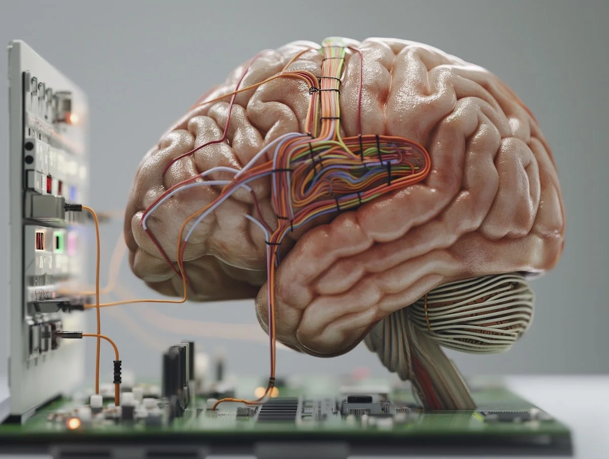 Close up of a realistic brain model connected with colorful wires to electronic equipment on a circuit board. Visual metaphor for how to calm your nervous system by showing the brain and its neural connections.