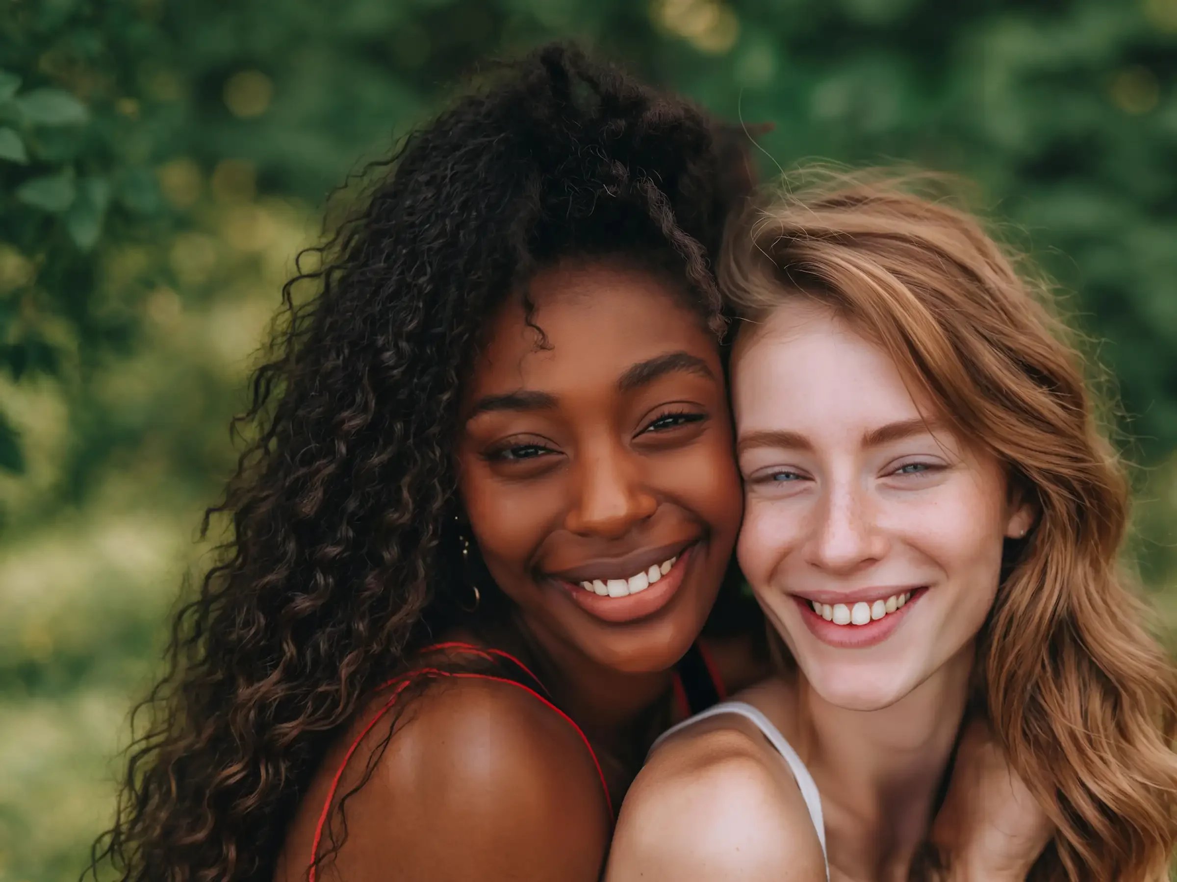 Two women smiling with their heads pressed together outdoors.