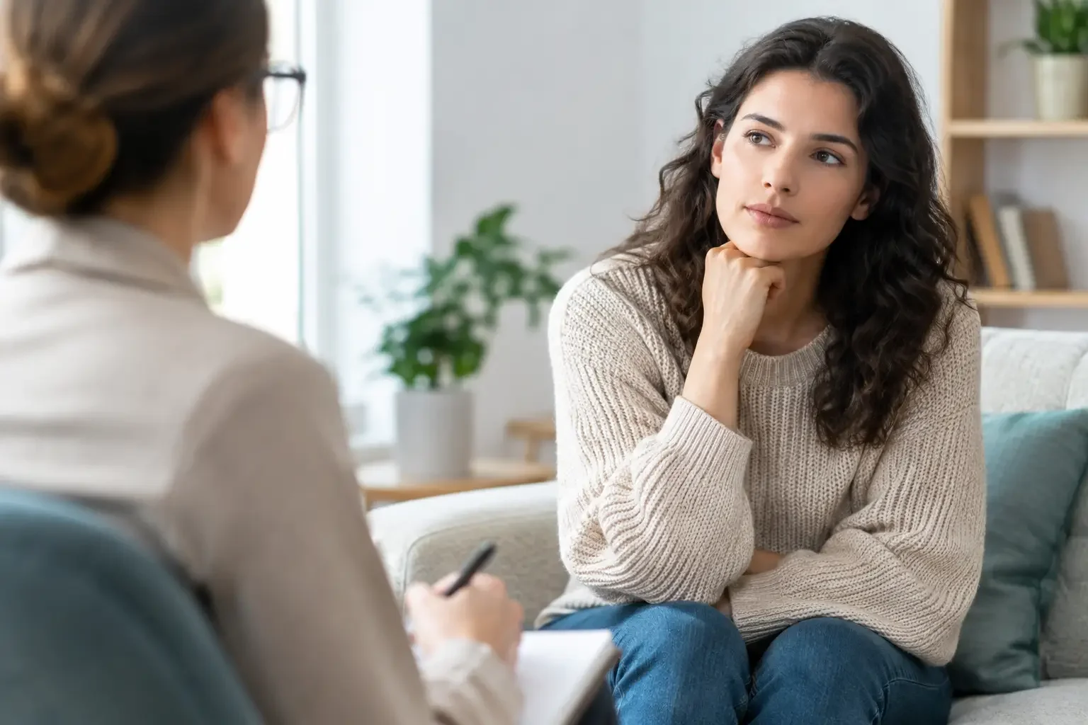 A woman with curly hair sits on a couch, listening attentively to another person holding a notepad, suggesting a therapy or counseling session in a comfortable, well-lit room.