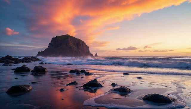 A rocky beach at sunset with waves gently crashing, dark rocks in the foreground, and a large, grassy rock formation silhouetted against a colorful sky—reflecting the calm harmony found through Internal Family Systems.